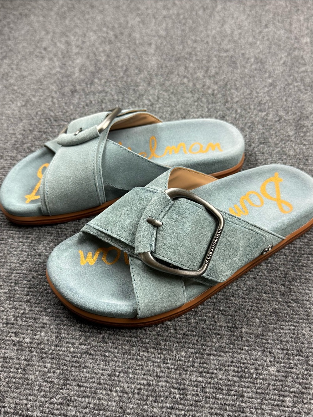 Sam Edelman Darla Sandals Coastal Blue Suede Leather Size 6.5 Buckle Slide